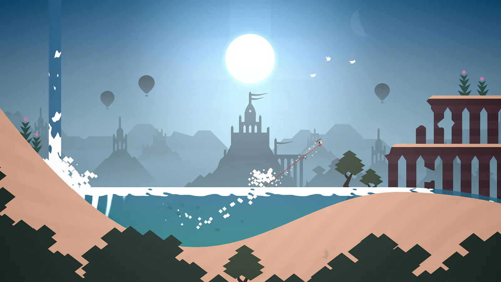 Corrida de sandboard em Alto's Odyssey ao luar, ao longo de uma costa de areia