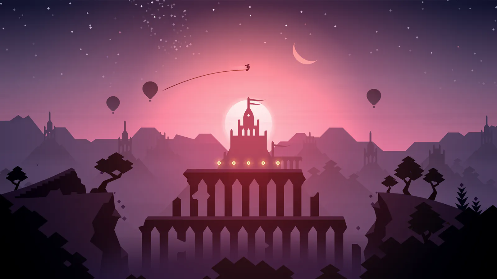 Deserto ao entardecer em Alto's Odyssey, com balões e um templo ao longe